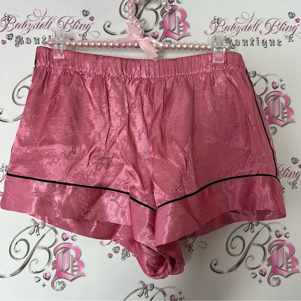 Victoria's Secret Pink Satin Pajama Shorts logo shiny black trim